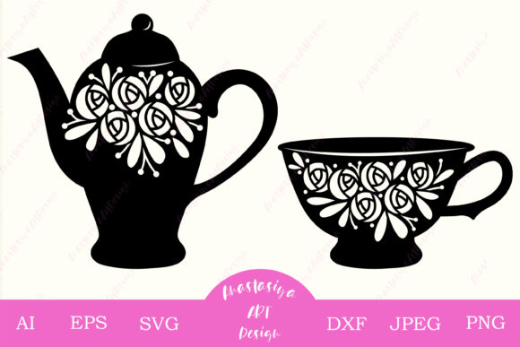 Floral Teapot Cup with Rose Digital Design